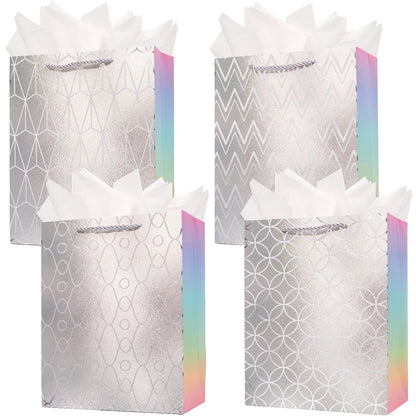 ZJHiome Gift Bag for Presents 4 Pack 9'' Sliver Medium Size Bag with Tissue Paper Marble Pattern Gift Bag with Handle for Christmas Shopping Birthday Wedding Party (Silver)