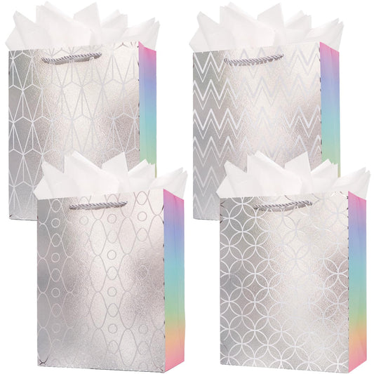 ZJHiome Gift Bag for Presents 4 Pack 9'' Sliver Medium Size Bag with Tissue Paper Marble Pattern Gift Bag with Handle for Christmas Shopping Birthday Wedding Party (Silver)