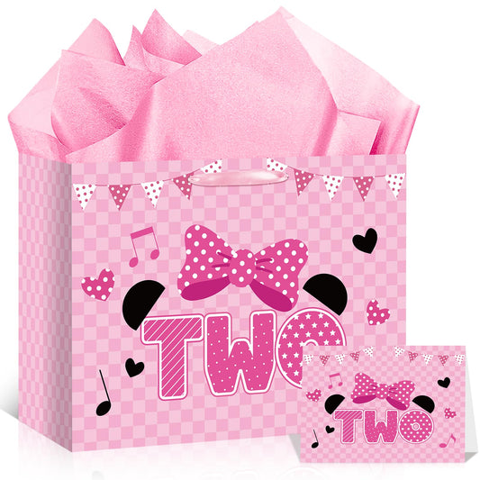 Cartoon Mouse 2nd Birthday Gift Bag Pink Mouse 2nd Birthday Bag with Tissue Paper and Card Pink Plaid Bow Two Years Old Gift Wrapping Paper Bags for Baby Girls Shower Princess 2 Year Old Party Decor