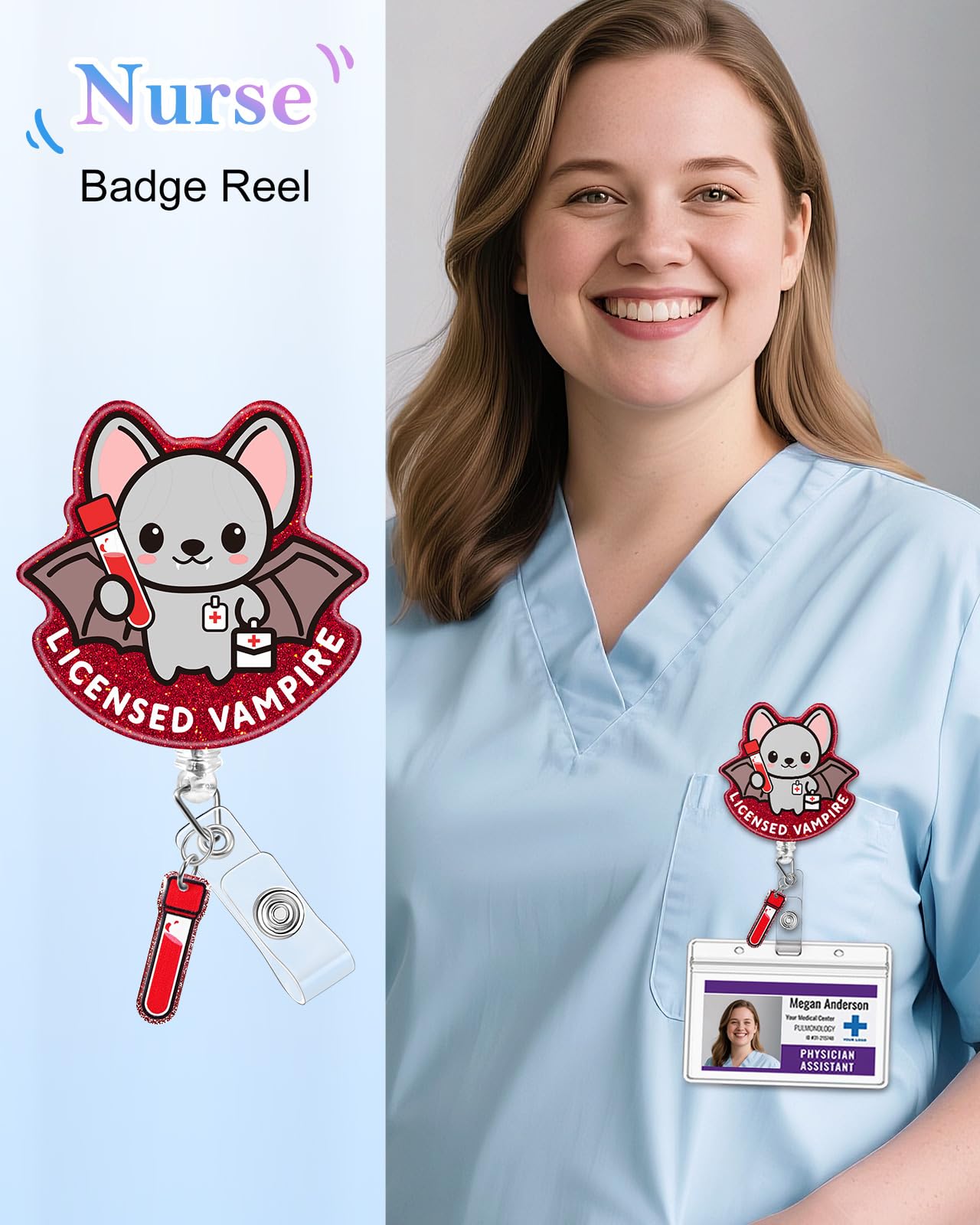 Plifal Nurse Badge Reel Holder Clip - Phlebotomist LAB Tech Vampire Blood Retractable ID Name Card Badge Reel with Charm Alligator Clip, Nurse Nursing Office Medical Worker Student Accessories Gifts