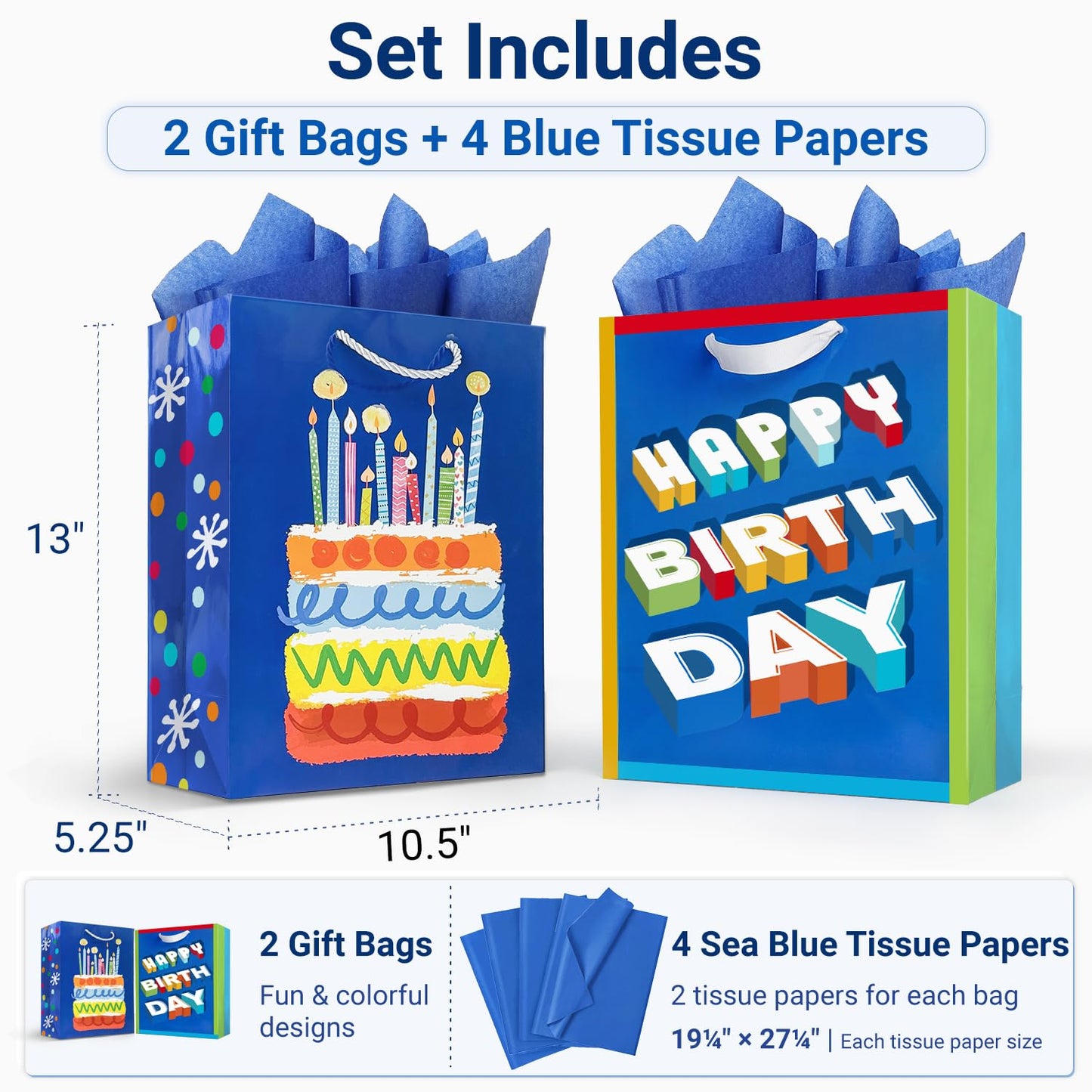 Party Funny Kids Blue Birthday Gift Bags with Tissue Paper, 2 Pack 13" Medium Paper Gift Bag Set with Handles, Colorful Cake and Happy Birthday Present Bags for Boys