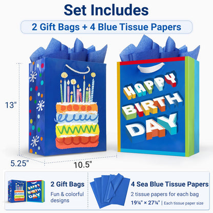 Party Funny Kids Blue Birthday Gift Bags with Tissue Paper, 2 Pack 13" Medium Paper Gift Bag Set with Handles, Colorful Cake and Happy Birthday Present Bags for Boys