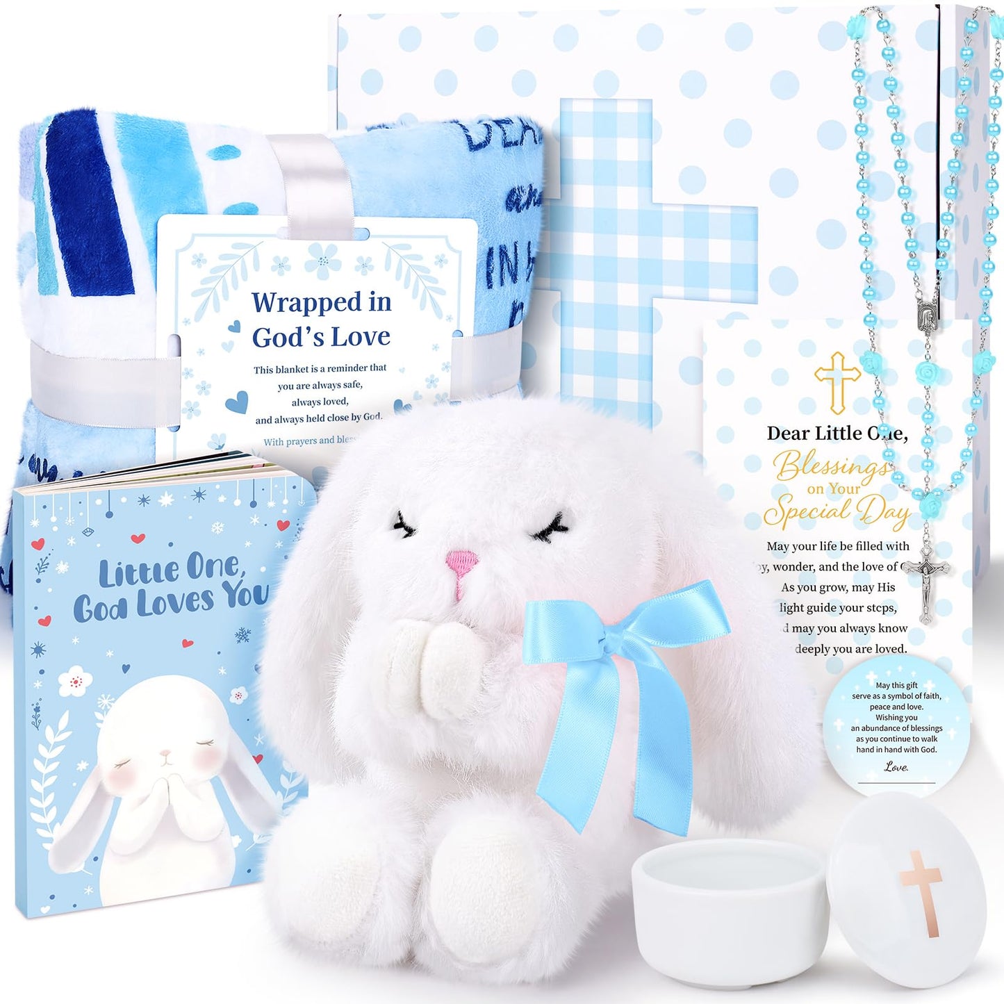 Baptism Gifts for Boy, Christening Gifts for Boys, Dedication Gift, Includes Bunny Stuffed Animal, First Rosary Beads, Prayer Book, Keepsake Blanket, Catholic Baptism Gift Basket