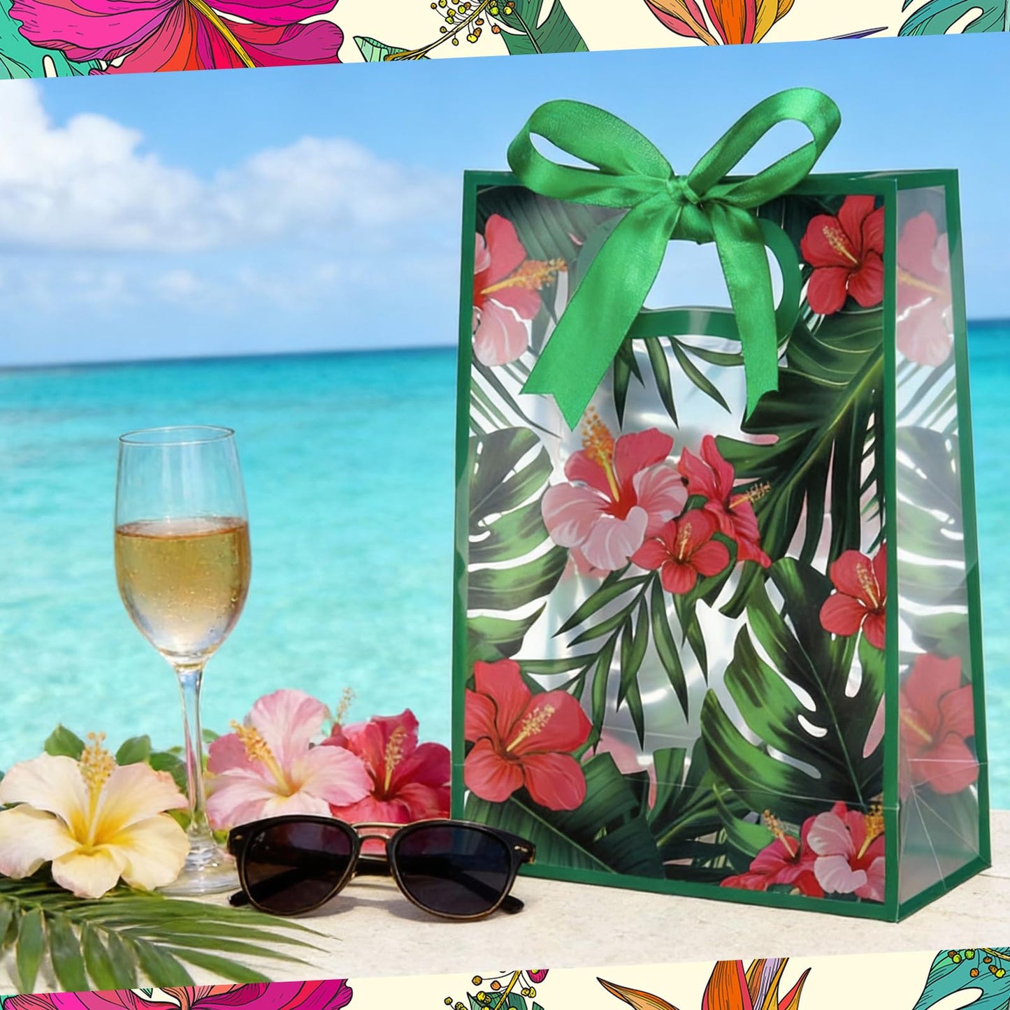 Geyoga 24 Pcs Hawaii Aloha Gift Bags with Handles 7x10x3.15 Inch Tropical Luau Clear Reusable PVC Gift Bag with Ribbon for Women Wedding Birthday Baby Shower Bridal Shower Summer Spring Party Supplies