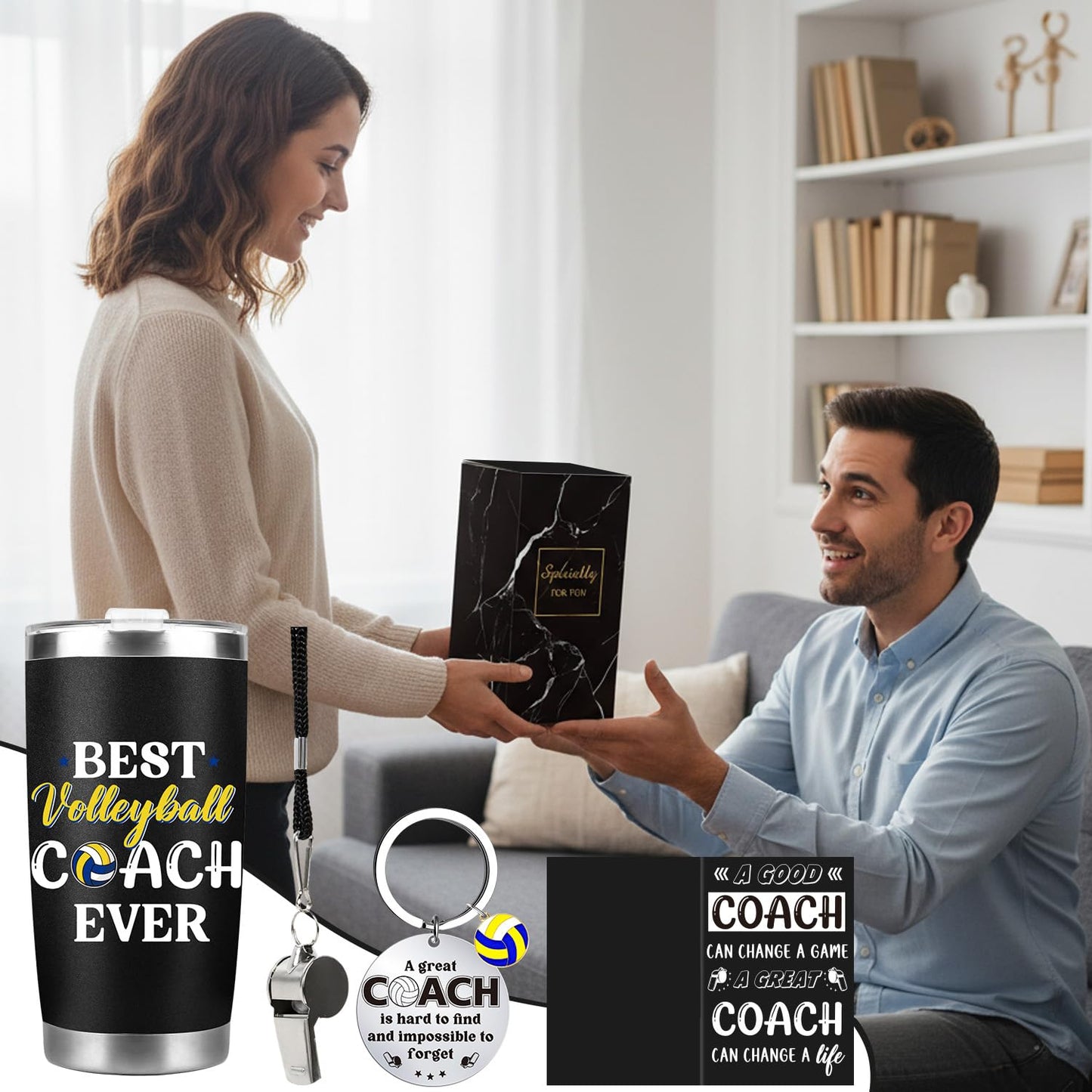 Keluna Volleyball Coach Gifts for Men - Volleyball Coach Appreciation Thank You Team Player Sports Lover Gift for Men Brother Husband Teacher Colleague Tumbler Cup Keychain Whistle Greeting Cards