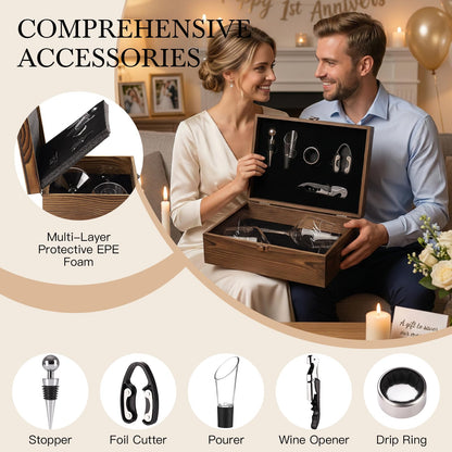 Wedding/Anniversary/Engagement/Bridal Shower and Bachelorette Gifts for Couples,Bride & Newlywed, Engraved Mr and Mrs Wine Glasses with 5-Piece Wine Accessory Kit