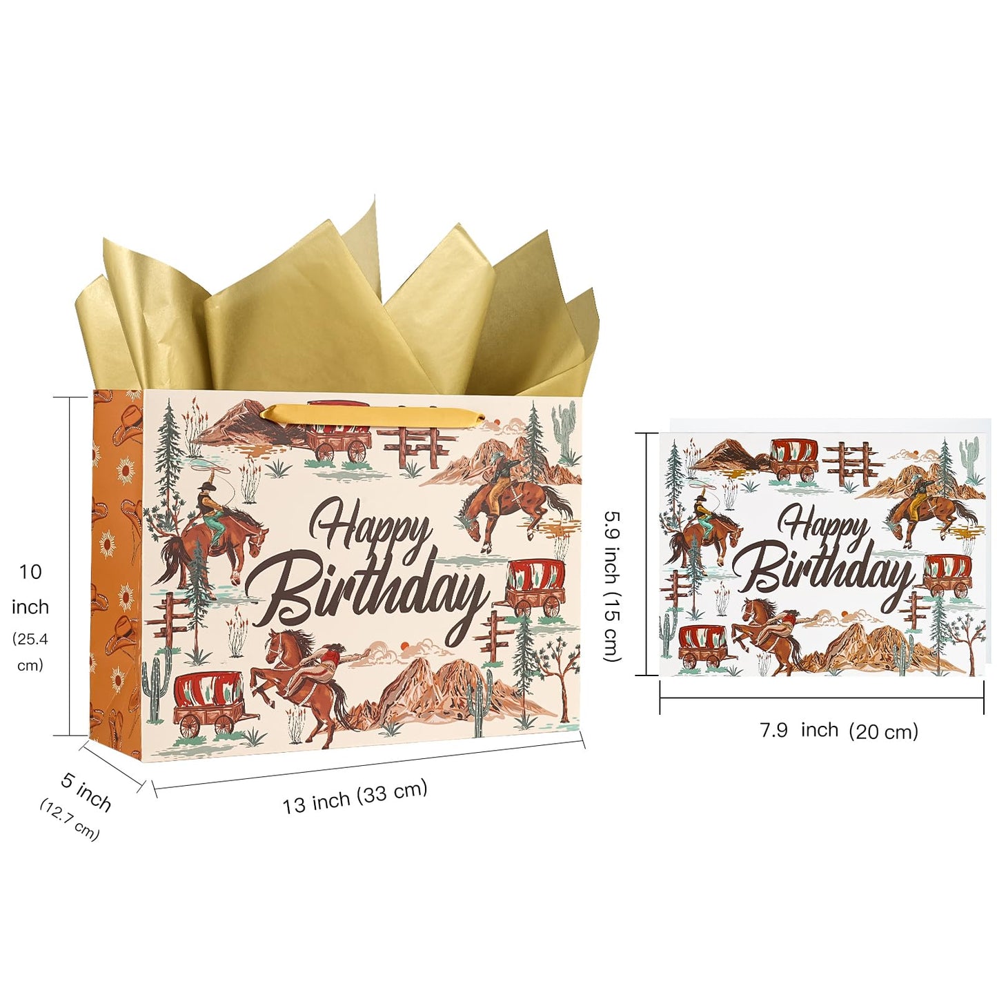 WRAPAHOLIC 13" Cowboy Birthday Gift Bags with Tissue Paper and Card - Brown Cowboy Theme Paper Bags for Men Birthday Western Theme Party Rodeo Stuffer