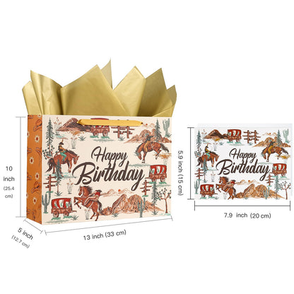 WRAPAHOLIC 13" Cowboy Birthday Gift Bags with Tissue Paper and Card - Brown Cowboy Theme Paper Bags for Men Birthday Western Theme Party Rodeo Stuffer