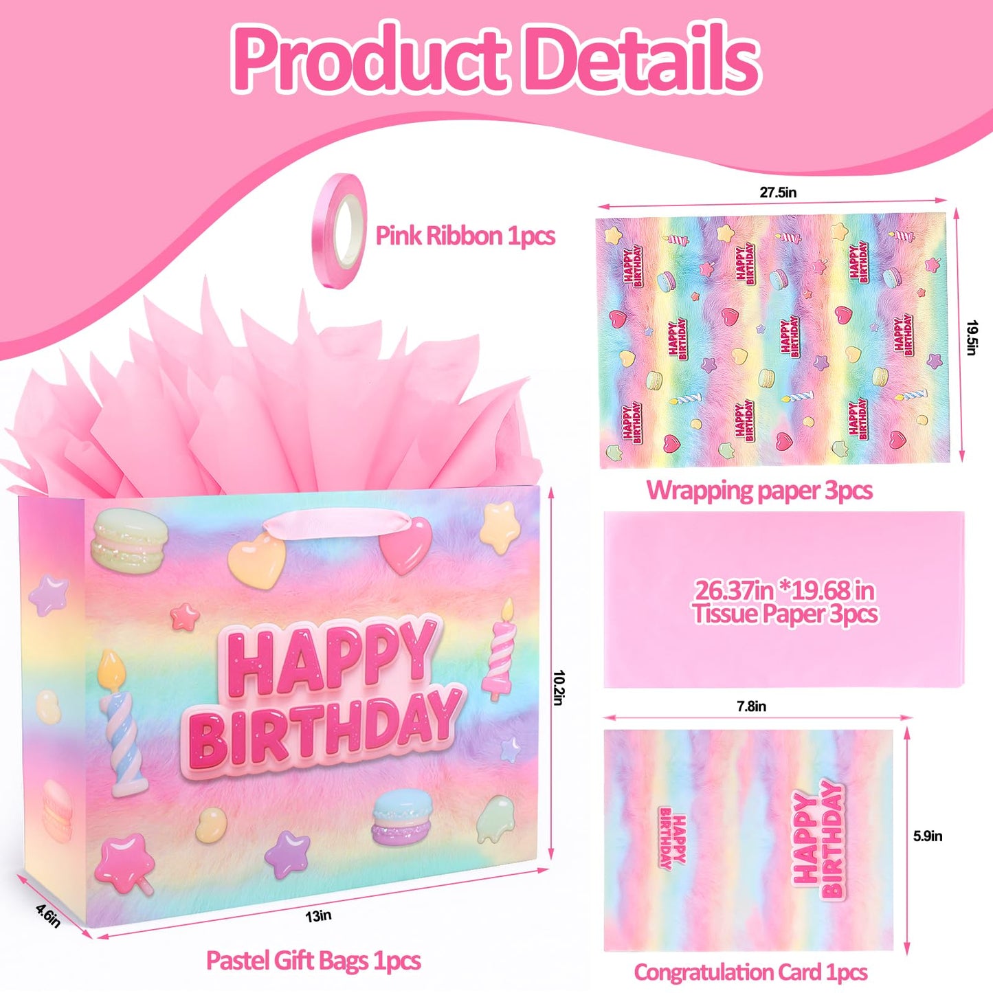 BSRESIN 13”Pink Happy Birthday Gift Bag with Tissue Paper, Wrapping Paper and Card, Medium Size Pastel Birthday Gift Bag for Girls, Women, Party Gift Wrap Supplies