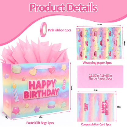 BSRESIN 13”Pink Happy Birthday Gift Bag with Tissue Paper, Wrapping Paper and Card, Medium Size Pastel Birthday Gift Bag for Girls, Women, Party Gift Wrap Supplies