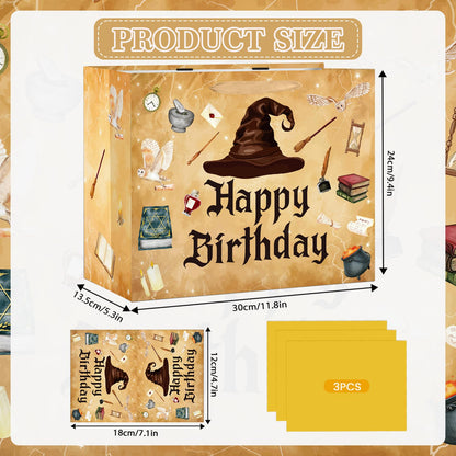 aqwithaj Large Wizard Birthday Gift Bag with Tissue Paper and Card Magical Hat Birthday Party Favor Bags Wizard School Gift Wrapping Paper Bag for Girls Boys Bday Halloween Party Decorations Supplies