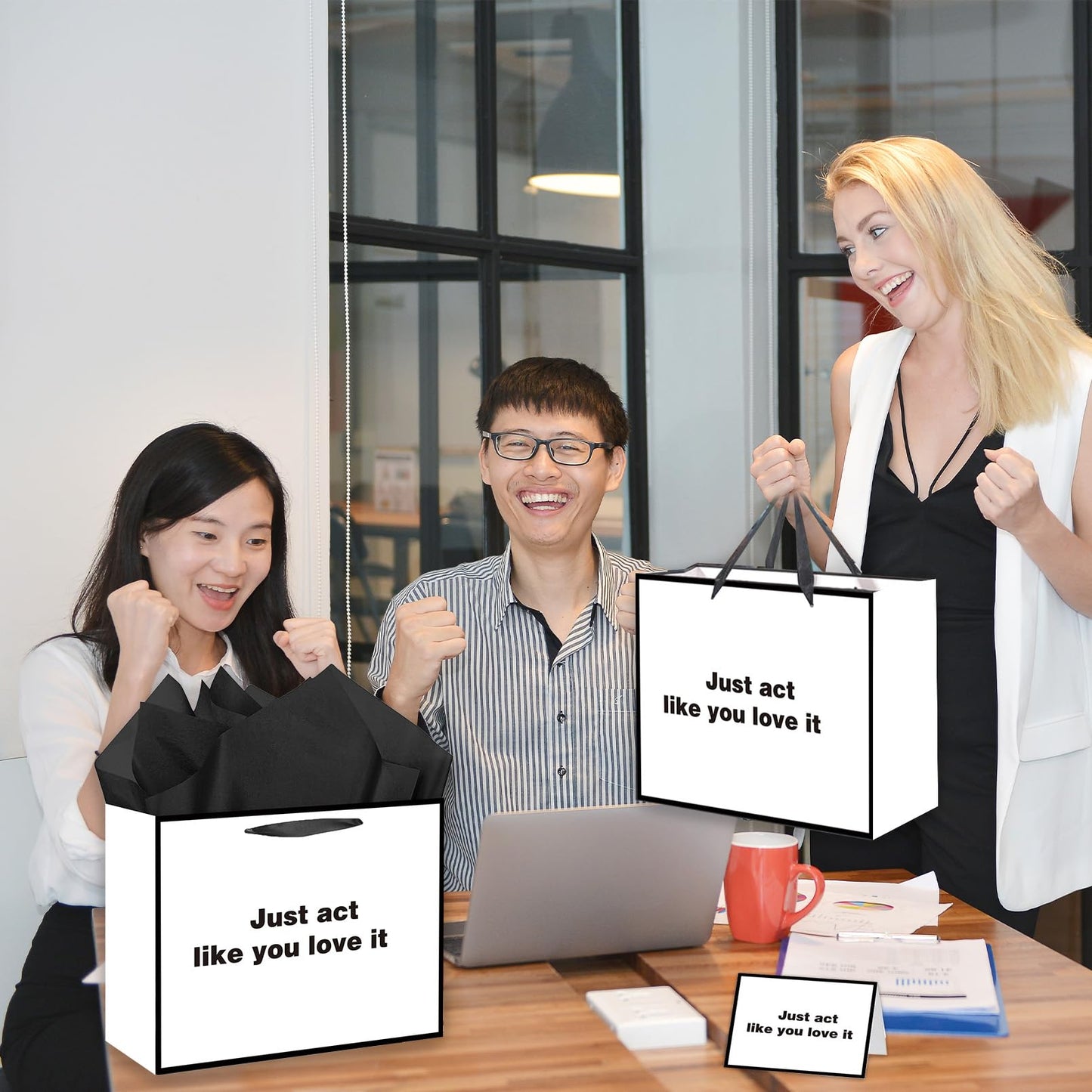 Anyangzhao White Funny Gift Bag, Large Just Act Like You Love It Gag Gift Bag with Card and Tissue Paper, Snarky Funny Birthday Party Decorations for Men, Women, Best Friends, Offices, Coworkers