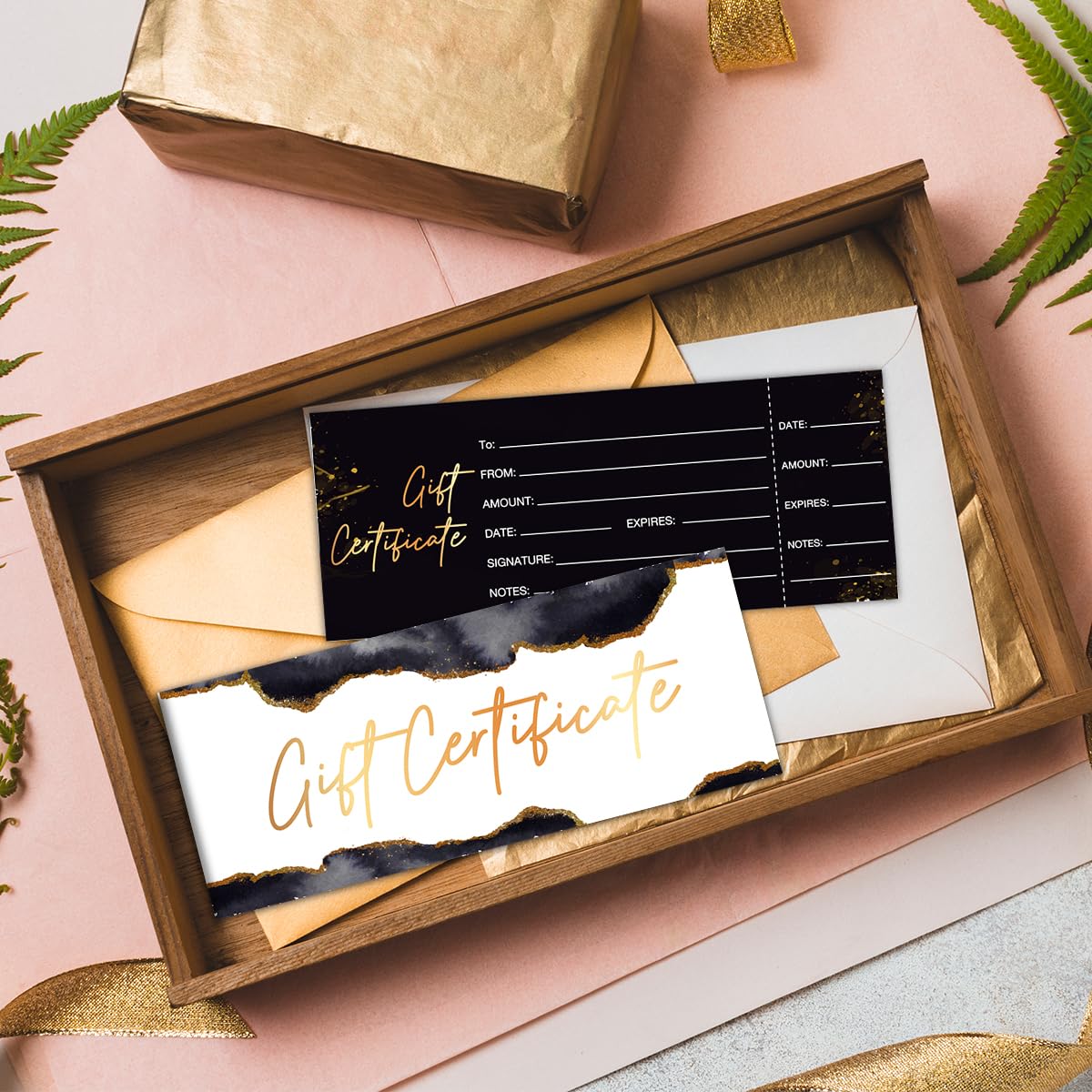 50 Sets Gift Certificates for Business, Blank Gift Cards Certificates with Envelopes, Gifts for Salon Restaurants Spa Marriage Birthday Client Vouchers 5.9 x 2.36 Inch - Black Marble
