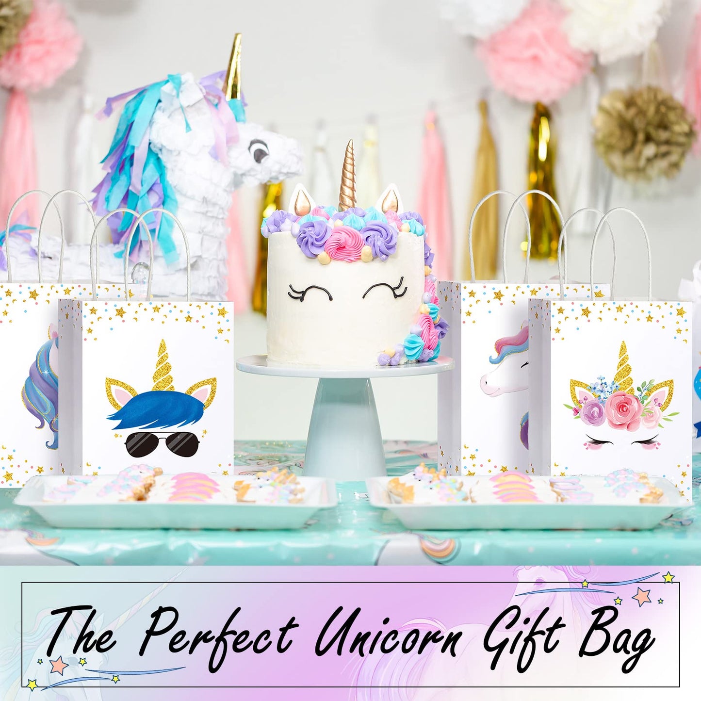 Crtiin 24 Pcs Unicorn Party Favor Bags for Birthday Party Supplies, Unicorn Gift Bag Goody Treat Candy Bags for Valentines Day Baby Shower Birthday Carnival Festivals Decorations