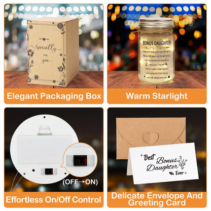 Bonus Daughter Mason Jar Night Light, Bonus Daughter Birthday Gifts from Stepmom, Step Daughter Gifts, Gifts for Daughter in Law