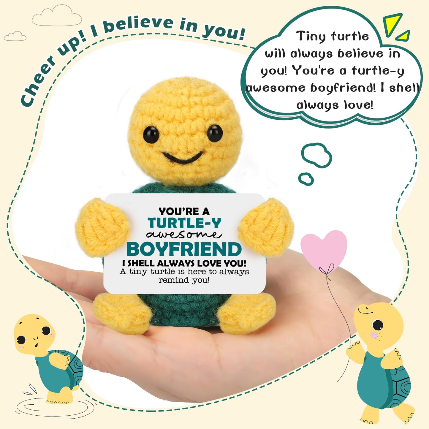 Funny Wedding Anniversary Crochet Turtle Gifts for Boyfriend, Romantic Boyfriend Him Gifts from Girlfriend, I Love You Gift for Boyfriends Present Small Cute Handmade Emotional Birthday Decorations