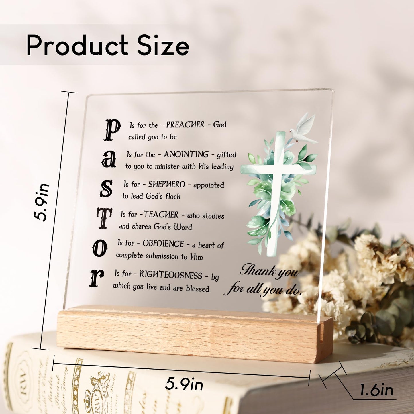 Afterprints Pastor Appreciation Gifts, Thank You Acrylic Plaque with Wooden Stand, Pastor Gifts for Men, Birthday Christian Gift for Preacher, Tabletop Sign Decoration
