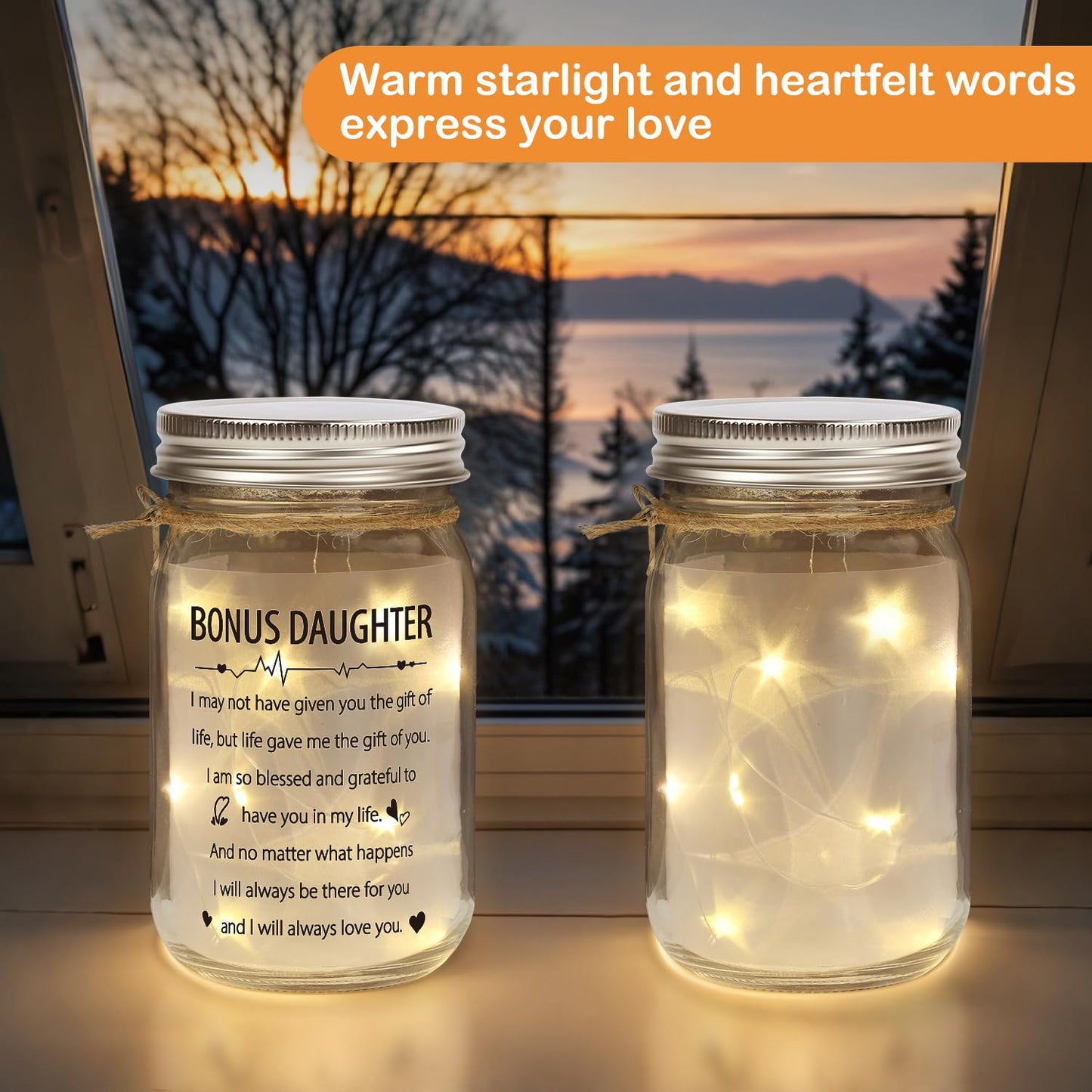 Bonus Daughter Mason Jar Night Light, Bonus Daughter Birthday Gifts from Stepmom, Step Daughter Gifts, Gifts for Daughter in Law