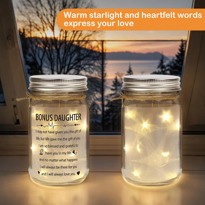 Bonus Daughter Mason Jar Night Light, Bonus Daughter Birthday Gifts from Stepmom, Step Daughter Gifts, Gifts for Daughter in Law