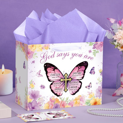 Butterfly Christian Baptism Gift Bag for Girls Women Purple Floral Religious Communion Gift Bags Wrapping Paper Card Flower Butterfly Cross Christening Confirmation Favor Bag Bible Verse Birthday Baby Shower Party Supplies Decor