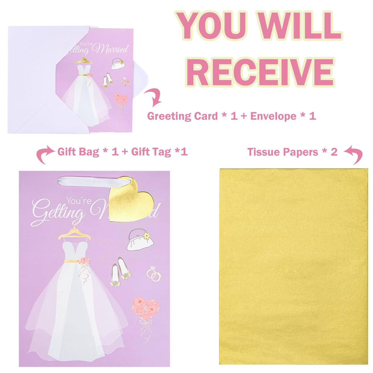 WRAPAHOLIC 13" Large Gift Bags with Card and Tissue Paper - Wedding Dress Design for Weddings, Engagements, Bridal Showers, Gift Wrap