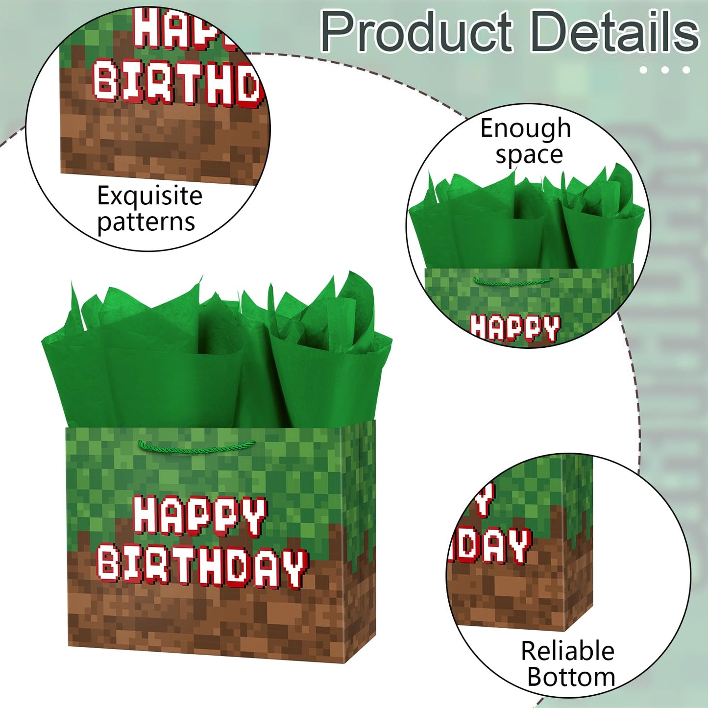 Ranfashiong 16" Extra Large Pixel Theme Birthday Boys Gift Bag with Tissue Paper and Card for Kids, Men Party Supplies (Green)