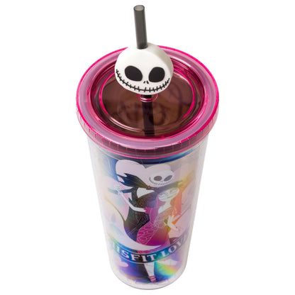 Silver Buffalo Disney The Nightmare Before Christmas Misfit Love Featuring Jack Skellington and Sally Plastic Cold Cup with Lid and Straw Topper, 24 Ounces