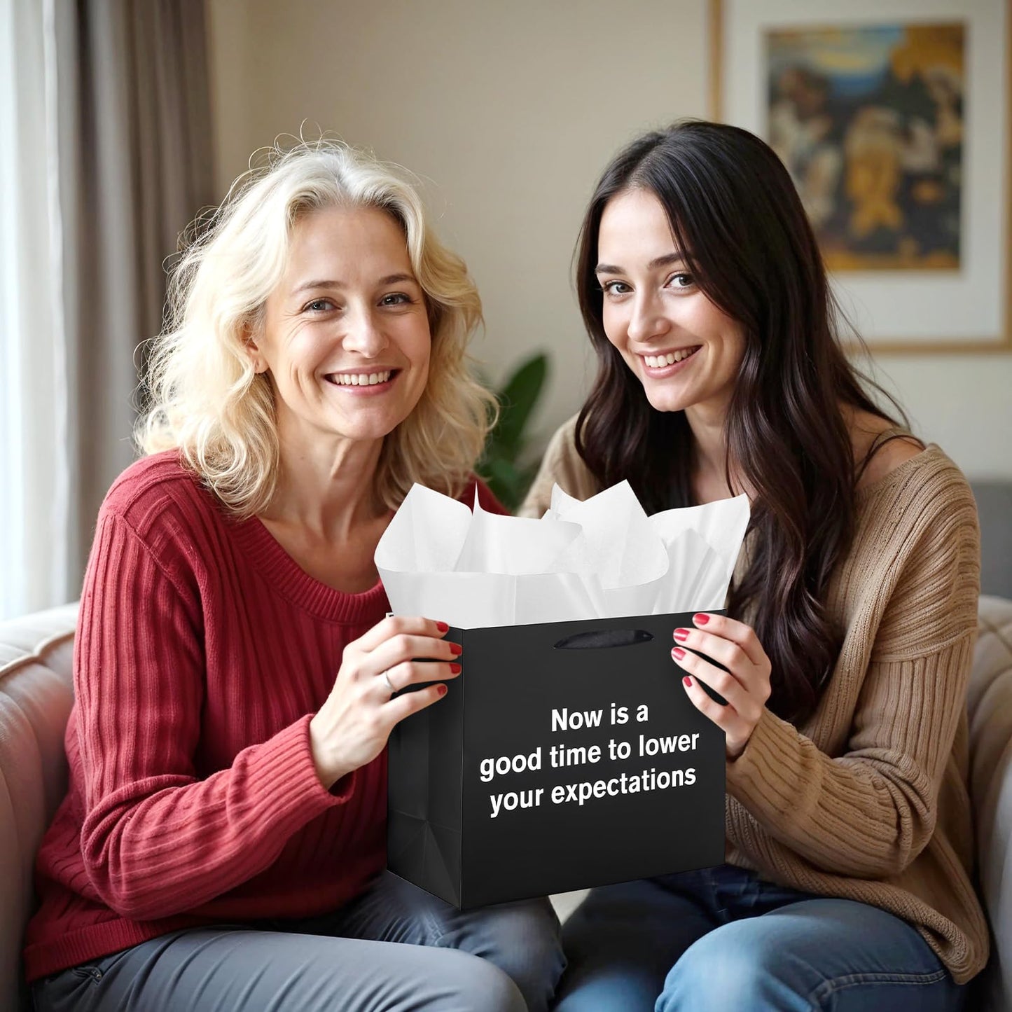 Funny Gift Bag To Lower Your Expectations Black Gag Gift Bags with Tissue Paper and Greeting Card Inappropriate Snarky Funny Birthday Gift Wrapping Paper for Office Coworker Best Friend Men Women