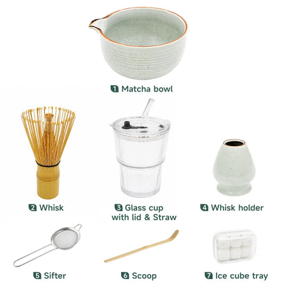 ComboJoy Matcha Whisk Set, Complete Matcha Kit with Bowl, Bamboo Whisk & Holder, Scoop, Sifter, Glass Cup with Lid & Straw, Ice Cube Tray – Matcha Gift Set for Matcha Lovers