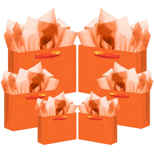 qiqee 10PCS Bright Orange Gift Bags with Ribbon Handles Mulit Assorted Sizes Gift Wide Bags (2pcs Large 13", 4pcs Medium 9.6", 4pcs Small 6.3",Tissue Paper)