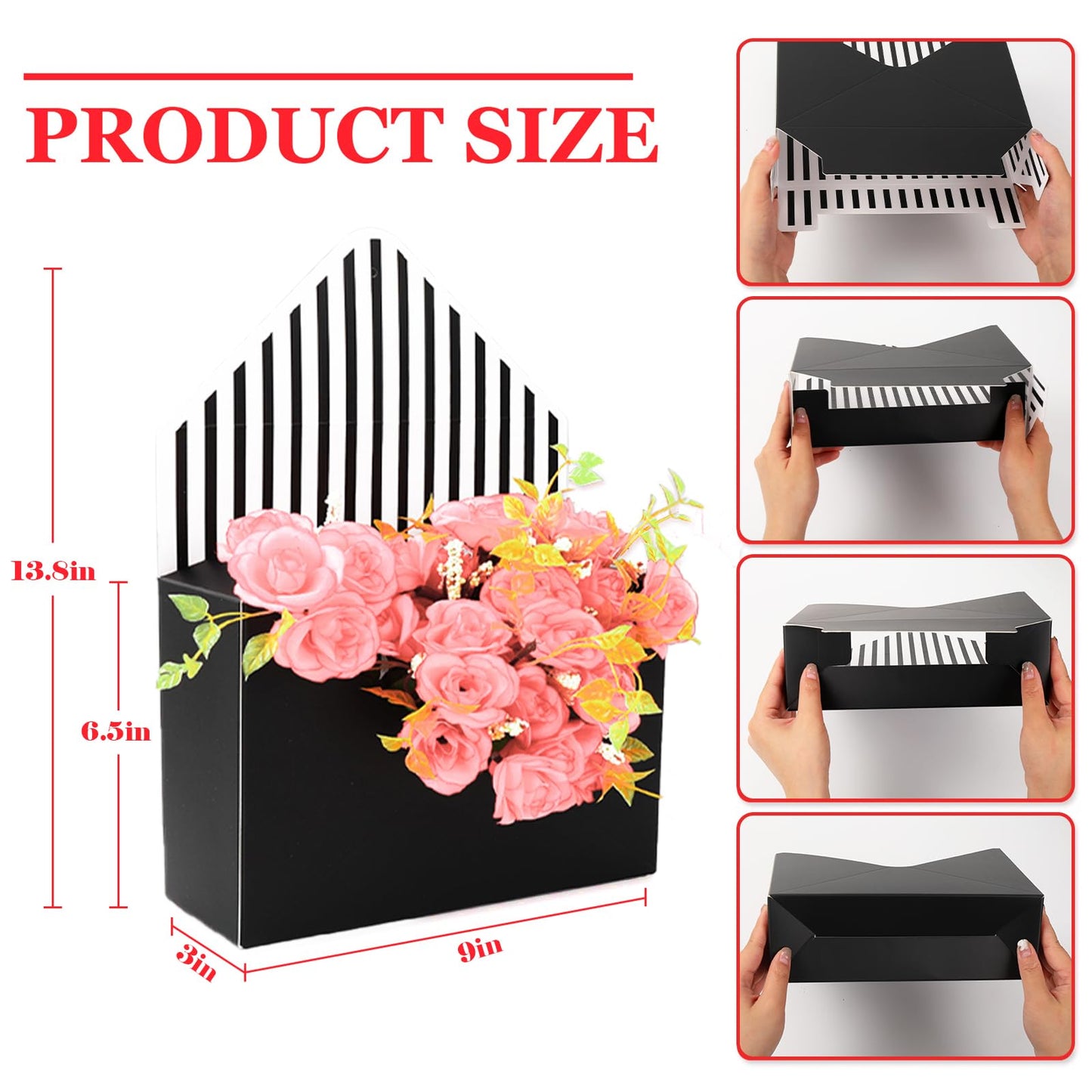 FYSUIMU 6Pcs Mother's Day Floral Envelope Box Empty Flower Stripe Paper Box Florist Bouquet Packaging Box for Valentine's Day Wedding Birthday Party Arrangements, Black White Pink