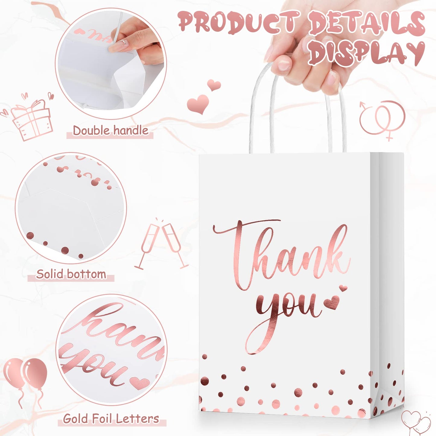 Tinlade 30 Pcs Thank You Gift Bags with Tissue Paper Gold Thank You Wedding Bags with Handle for Graduation Business Shopping Wedding Shower Party Favors(Rose Gold)
