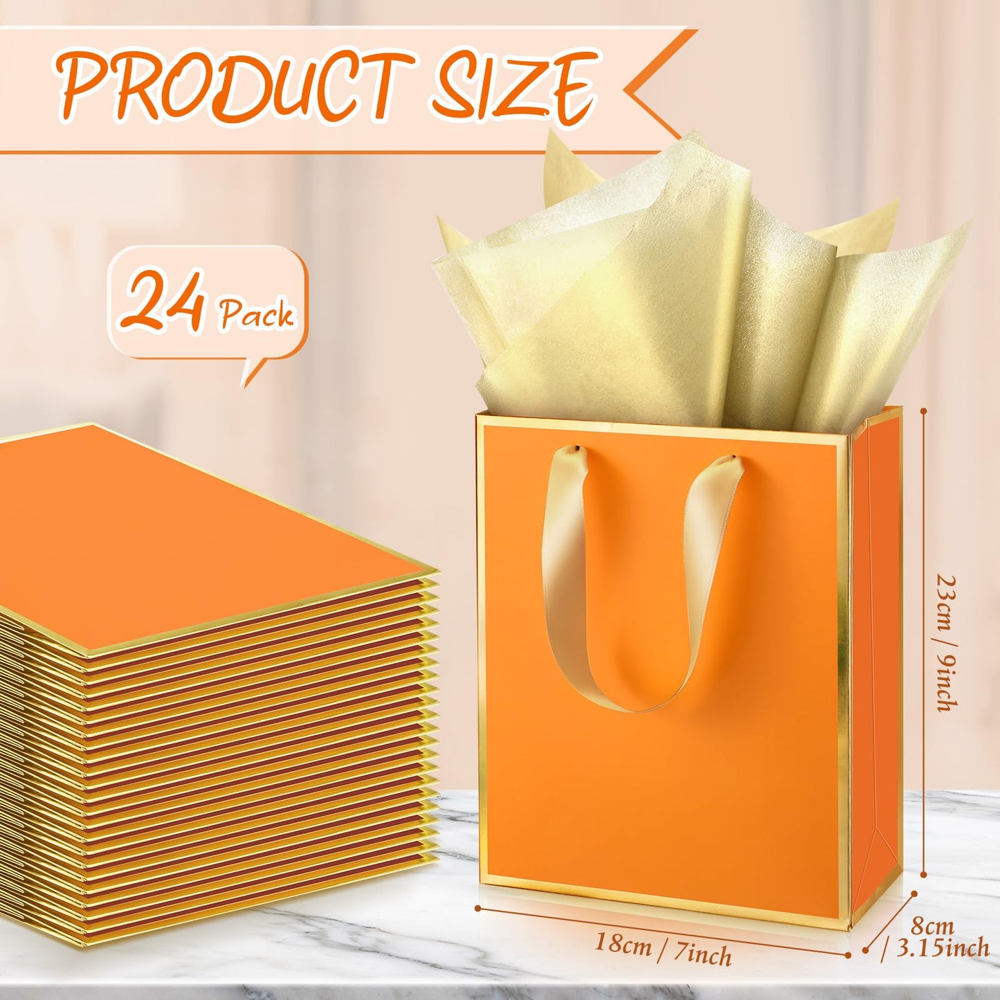 Yeaqee 24 Pack Metallic Paper Gift Bags with Handle and Tissue 9x7x3.1 Gold Foil Welcome Thank You Favor Bags Return Gifts for Wedding Graduation Bridesmaid Groomsmen Birthday(Orange, Gold)