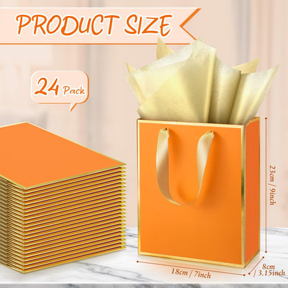 Yeaqee 24 Pack Metallic Paper Gift Bags with Handle and Tissue 9x7x3.1 Gold Foil Welcome Thank You Favor Bags Return Gifts for Wedding Graduation Bridesmaid Groomsmen Birthday(Orange, Gold)