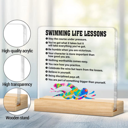 Swimming Gifts for Men Boys Women, Inspirational Gifts for Swimmer Swimming Fans Lover, Acrylic Plaque Sign with Wooden Stand Home Office Decor
