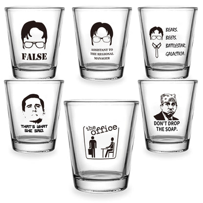 6 PCS The Office Merchandise Shot Glasses Set, 1.5 oz The Office Merch Clear Shot Glass Cups with Heavy Base, Funny Gifts for Men, Women or TV Show Fans