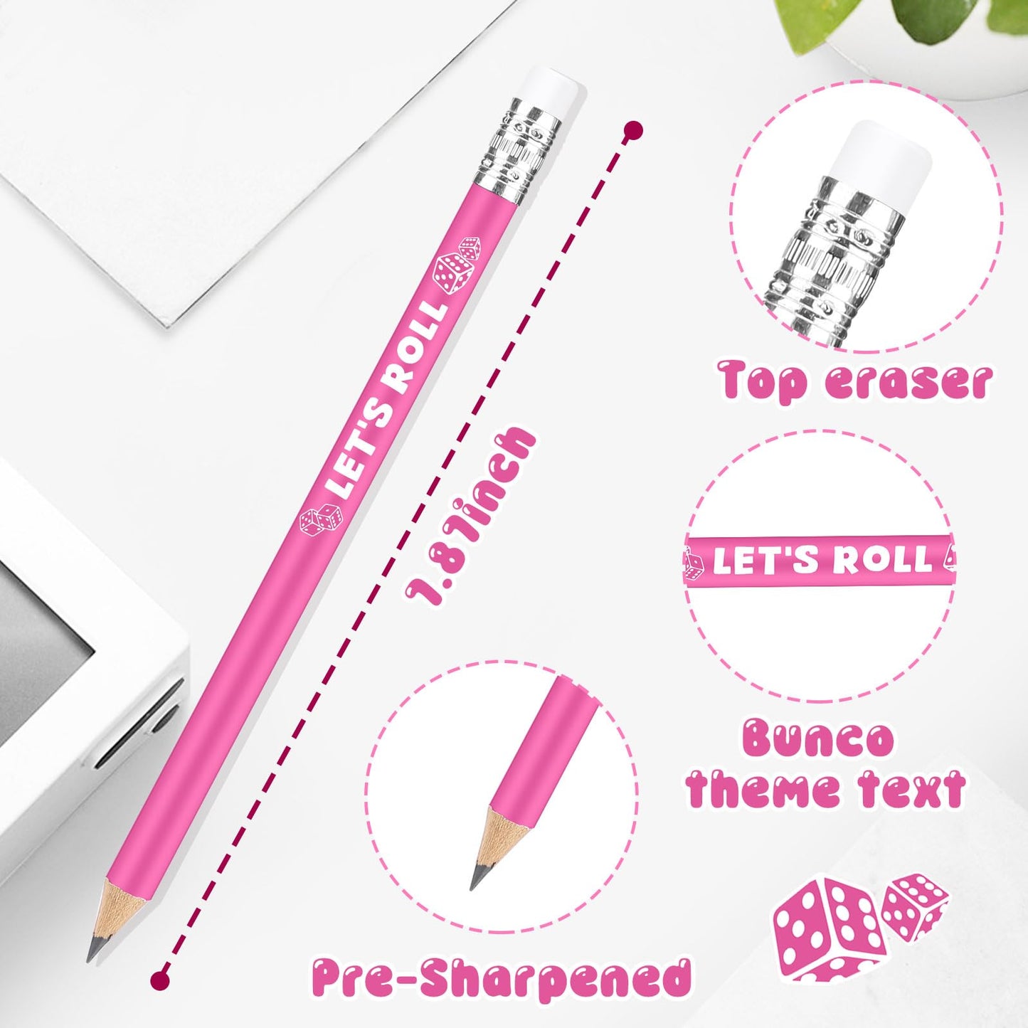 Sinload 36 Pcs Bunco Let's Roll Pencils with Eraser Player Game Scoring, Wooden Pink Pencils Suitable for Writing, Drawing and Bunco Party Supplies