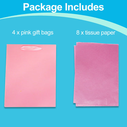 MOXARYSU 4 Pcs Medium Pink Gift Bags: 8x5x10 Inches Gift bags With Handles Party Favor Bags With 8 Tissue Paper For Party,Birthday,Baby Shower,Wedding（Pink）
