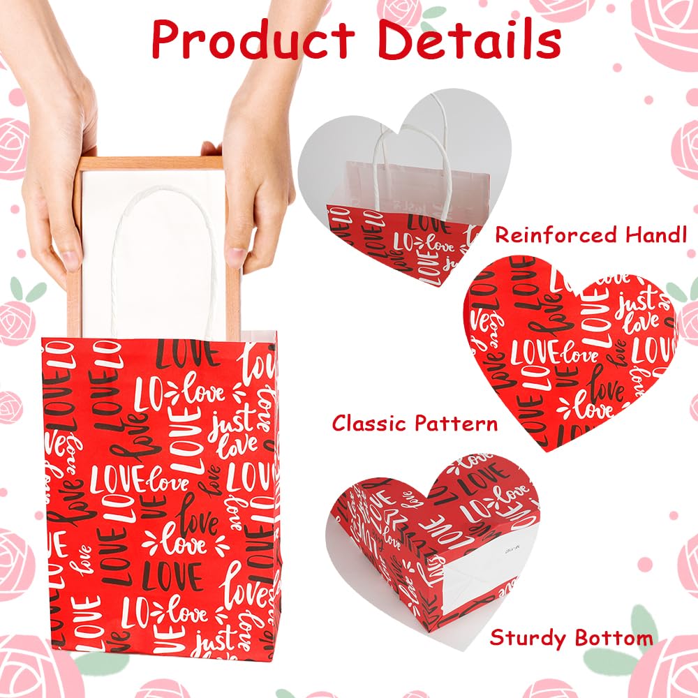 Valentines Gift Bags, 12 PCS Valentine Paper Bags with Handles, Valentines Day Gift Bag, Heart Shaped Valentine Treat Goodie Candy Cookie Bag for Valentine's Day Wedding Holiday Party Favor Supplies