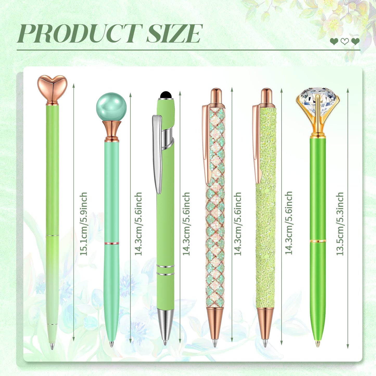 Qeeenar 6 Pcs Ballpoint Pens Set Metal Crystal Diamond Pen for Journaling Glitter Pretty Cute Stationery Black Ink Fancy Gifts for Women Girls Teacher Office Wedding School Supplies(Green Series)