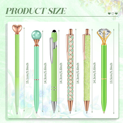 Qeeenar 6 Pcs Ballpoint Pens Set Metal Crystal Diamond Pen for Journaling Glitter Pretty Cute Stationery Black Ink Fancy Gifts for Women Girls Teacher Office Wedding School Supplies(Green Series)