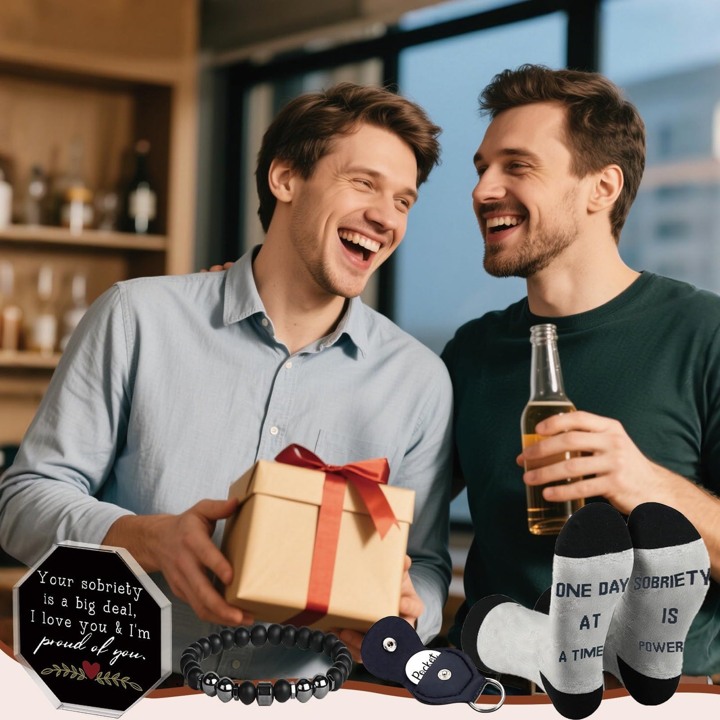 Sobriety Gifts for Men Women,4pcs Recovery Gift Set With Novlety Socks for Alcoholics Anonymous Addiction, Sobriety Pocket Hug Token