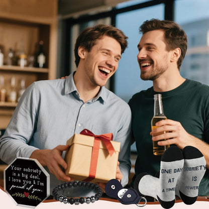 Sobriety Gifts for Men Women,4pcs Recovery Gift Set With Novlety Socks for Alcoholics Anonymous Addiction, Sobriety Pocket Hug Token