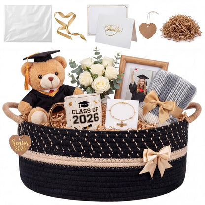 Colingmill Graduation Empty Gift Basket 14 * 10 * 5.5 in Basket with Gift Bag Ribbon and Paper Filler Thank You Card Tag for Graduation Nursery Living Room Shelves Birthday(Black,Jumper Wire)