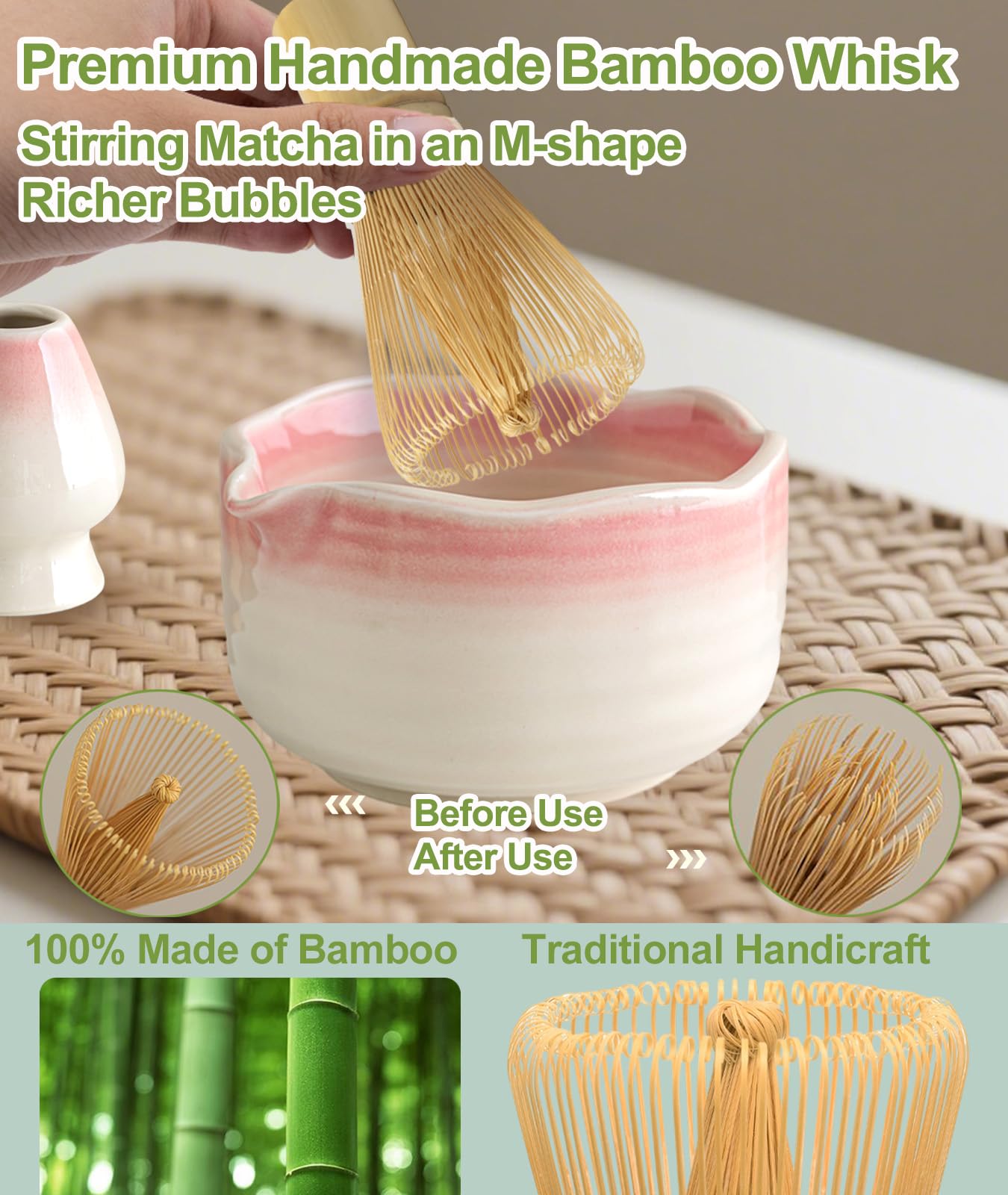 JBER Matcha Whisk Set, Ceramic Matcha Set Includes Bowl & Holder, Bamboo Whisk (Chasen), Sifter, Scoop, Spoon & Rest - 7PCS Matcha Kit Gift for Matcha Lovers & Beginners, Gradient Pink