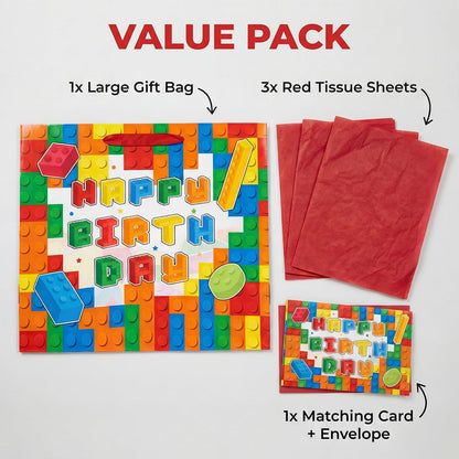 Elunpoe Building Brick Birthday Gift Bag Set with Matching Card & Red Tissue Paper, Colorful Block-Themed Happy Birthday Present Bag for Kids Boys Girls, School Favors, Party Gift Wrap Supplies, 13" x 4.9" x 10.2"