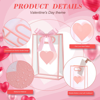 Gueevin 24 Pcs Mother's Day Heart Gift Bags with Ribbon Pink Heart Clear Plastic Gifts Bags with Handles Reusable Gift Wrap Tote Bag for Mom Wedding Bridal Birthday Party