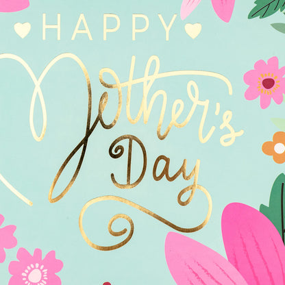 WRAPAHOLIC 13" Large Mother's Day Gift Bag with Card and Tissue Paper - Floral & Gold Foil Happy Mother's Day Lettering