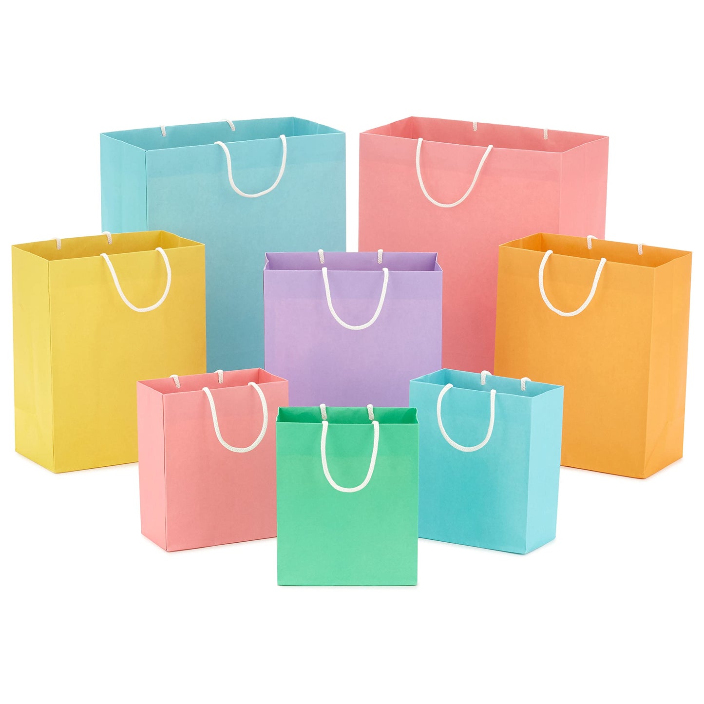 Hallmark Recyclable Gift Bag Assortment (8 Bags: 3 Small 6", 3 Medium 9", 2 Large 13") Pastel Blue, Pink, Yellow, Purple, Orange, Green for Birthdays, Easter, Baby Gifts, Bridal Showers