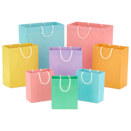 Hallmark Recyclable Gift Bag Assortment (8 Bags: 3 Small 6", 3 Medium 9", 2 Large 13") Pastel Blue, Pink, Yellow, Purple, Orange, Green for Birthdays, Easter, Baby Gifts, Bridal Showers